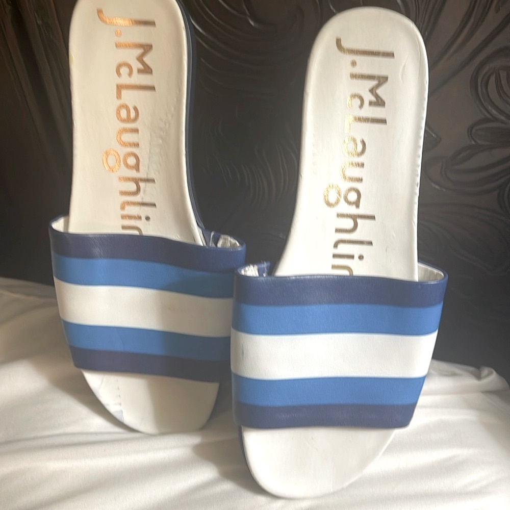 SOLD McLaughlin Blue and White Stripped Wedged Slides